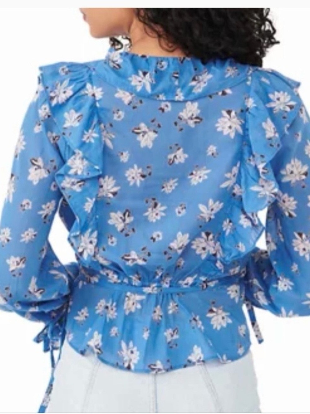 #681 Free People Amanda  Blue Floral Ruffle V-Neck Blouse - Picture 13 of 13